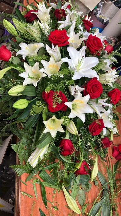 Red Rose & White Lily Coffin Spray